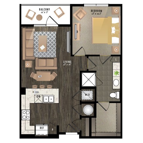 A floor plan of a living space with a balcony and bedroom.